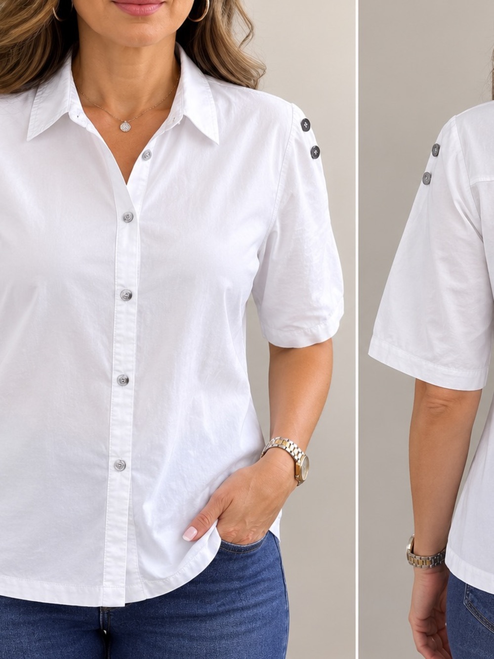 Anna White Button-Down Short Sleeve Shirt with Shoulder Buttons